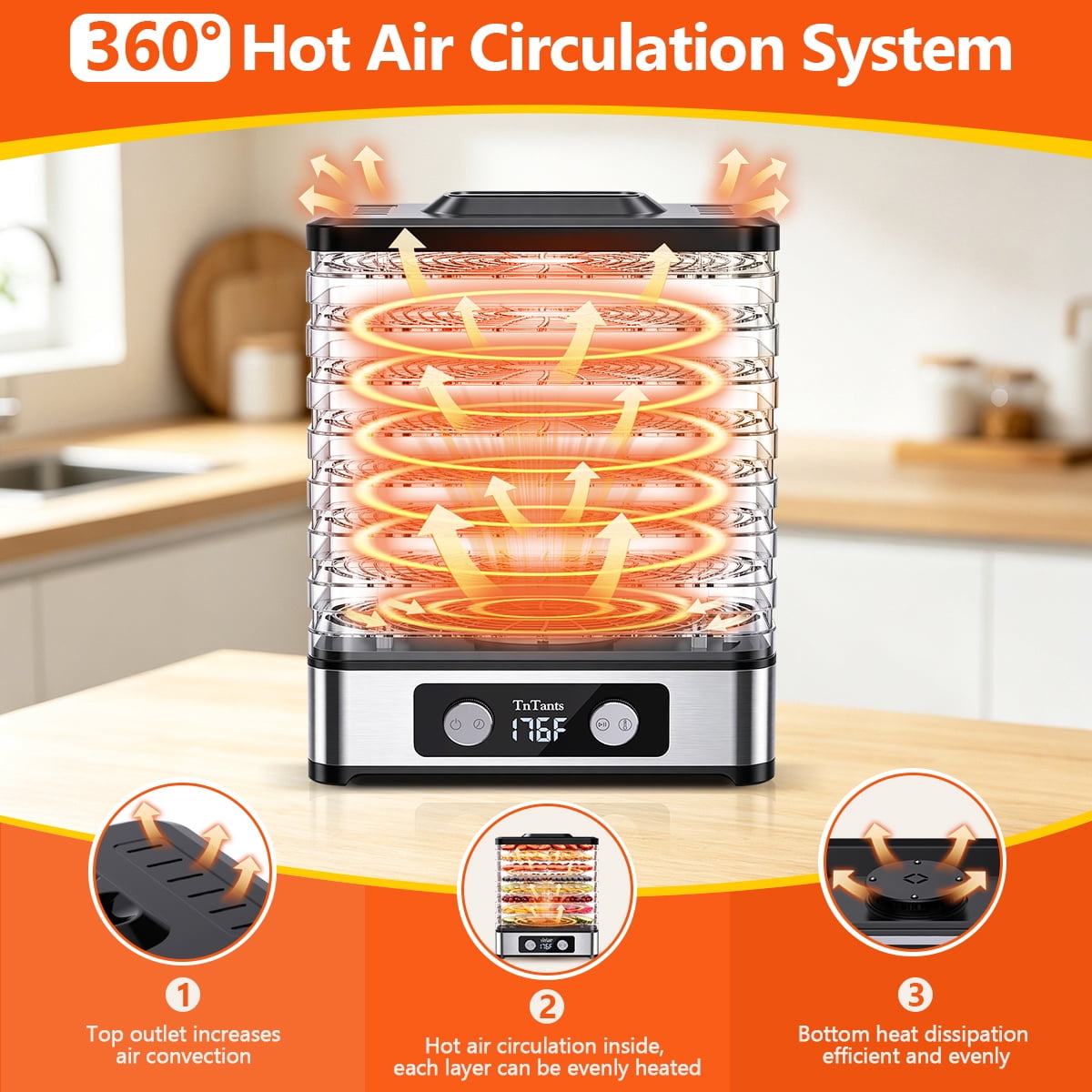 TNTANTS Food Dehydrator, 8 Trays Electric Dehydrator with Adjustable 48H Timer & 95-176℉ Temperature Control, Dehydrator for Food and Jerky, Fruits