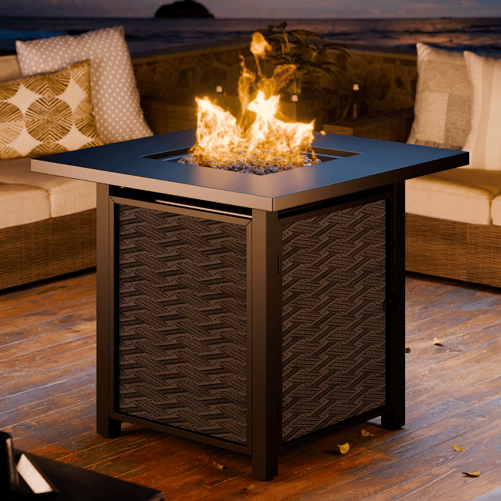 Walsunny 28" Propane Fire Pit Table 50,000 BTU Steel Gas Fire Pit with Removable Lid & Waterproof Cover and Tables