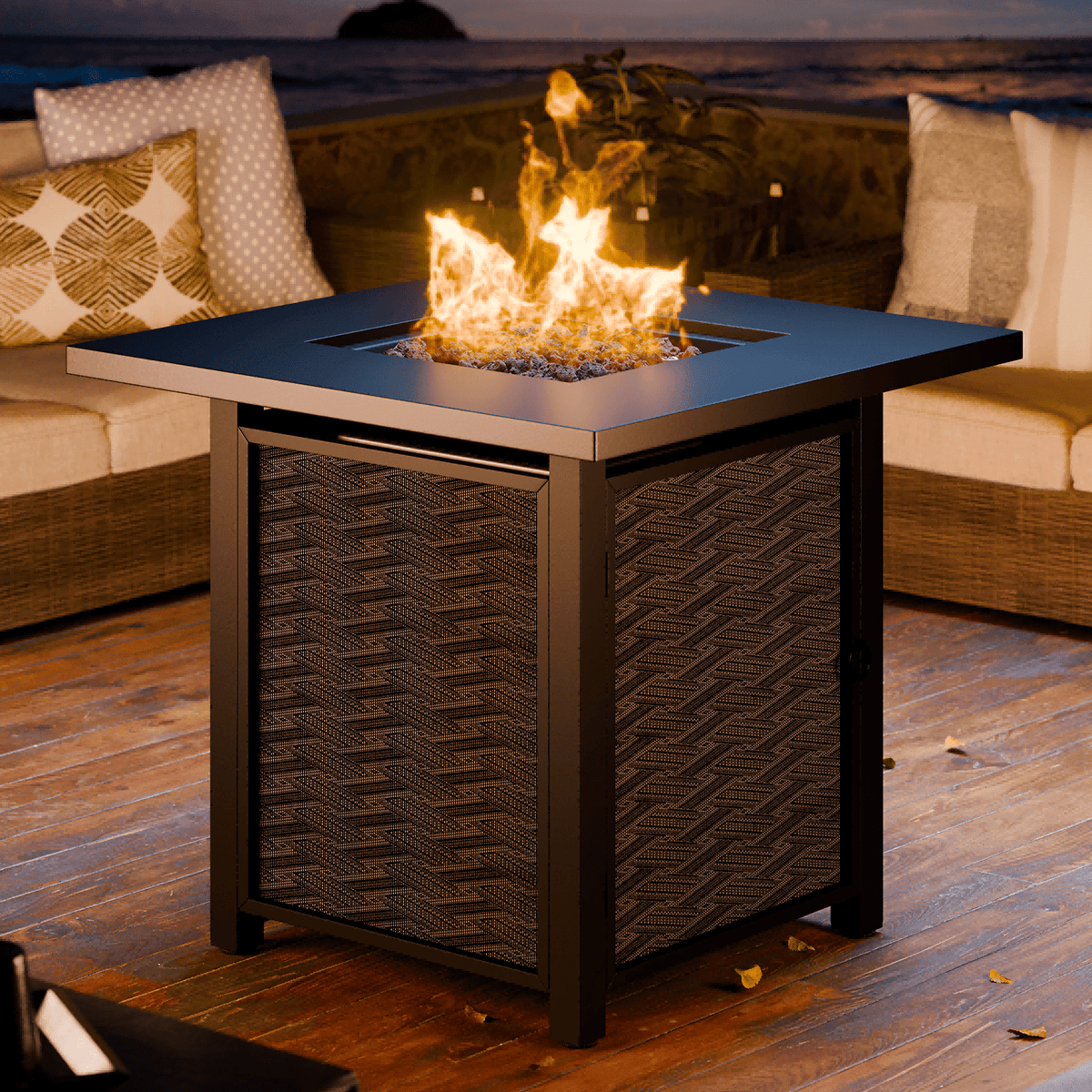 Walsunny 28" Propane Fire Pit Table 50,000 BTU Steel Gas Fire Pit with Removable Lid & Waterproof Cover and Tables