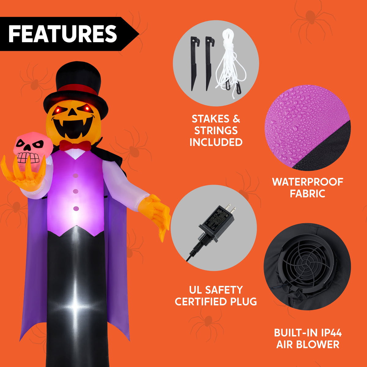 Joyfy 12 ft Giant Halloween Inflatable Pumpkin Ghost Vampire with Skull Decoration with Built-in LEDs, Ghost Halloween Decorations Outdoor Blow Up Yard Lawn Decoration