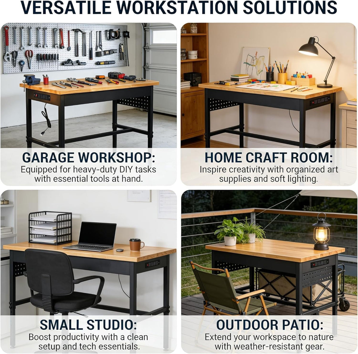48 Inch Adjustable Workbench with Power Outlet, 2500 LBS Heavy Duty Hardwood Top Workbench, 6-Level Height Adjustable Garage Work Table with Non-Slip