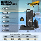 FLUENTPOWER 3/4 HP Cast Aluminum Submersible Sump Pump, 3500 GPH, Tethered Float Switch