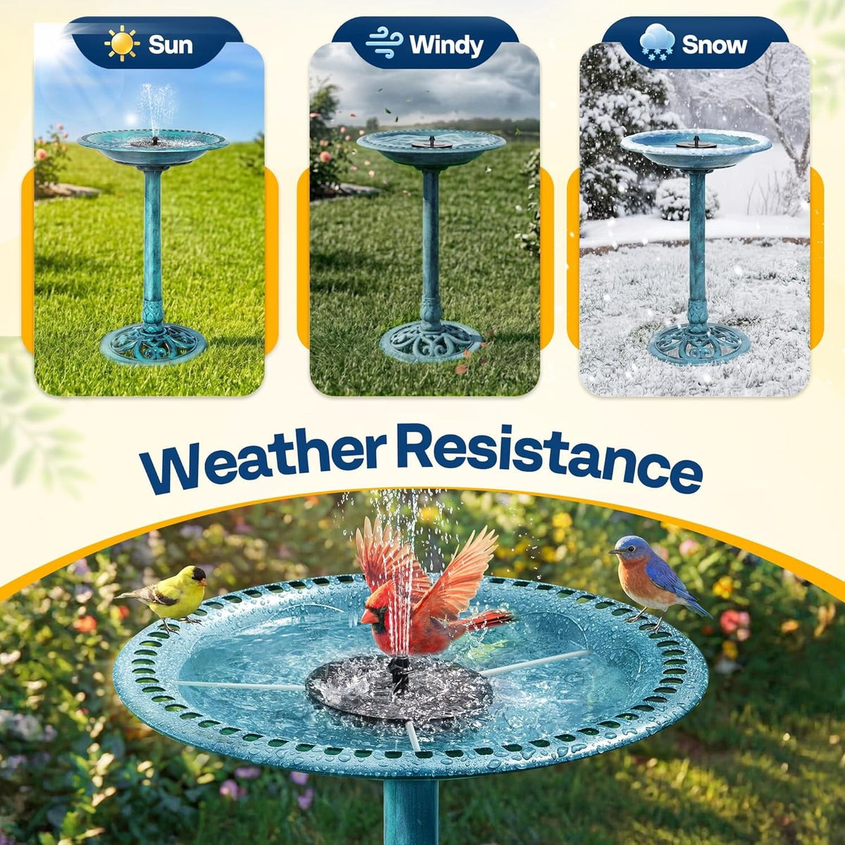 SPECSTAR Bird Bath, Polyresin Antique Outdoor Blue Garden Birdbath and Solar Powered Round Pond Fountain Combo Set
