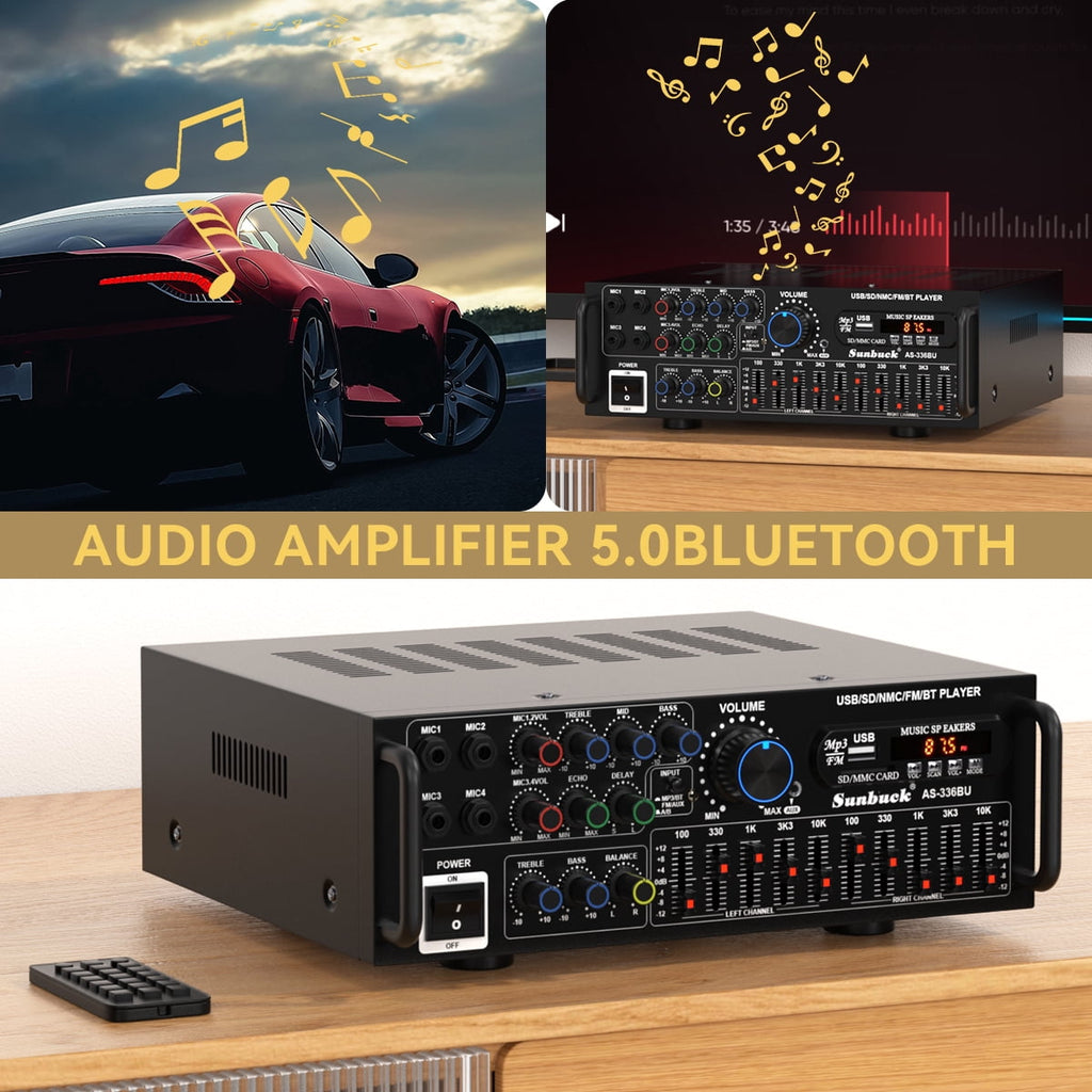 Sunbuck 2000W Bluetooth 5.0 HiFi Stereo Receiver, Karaoke Power Amplifier with FM USB SD AUX Remote, Home Theater Audio System for Speakers