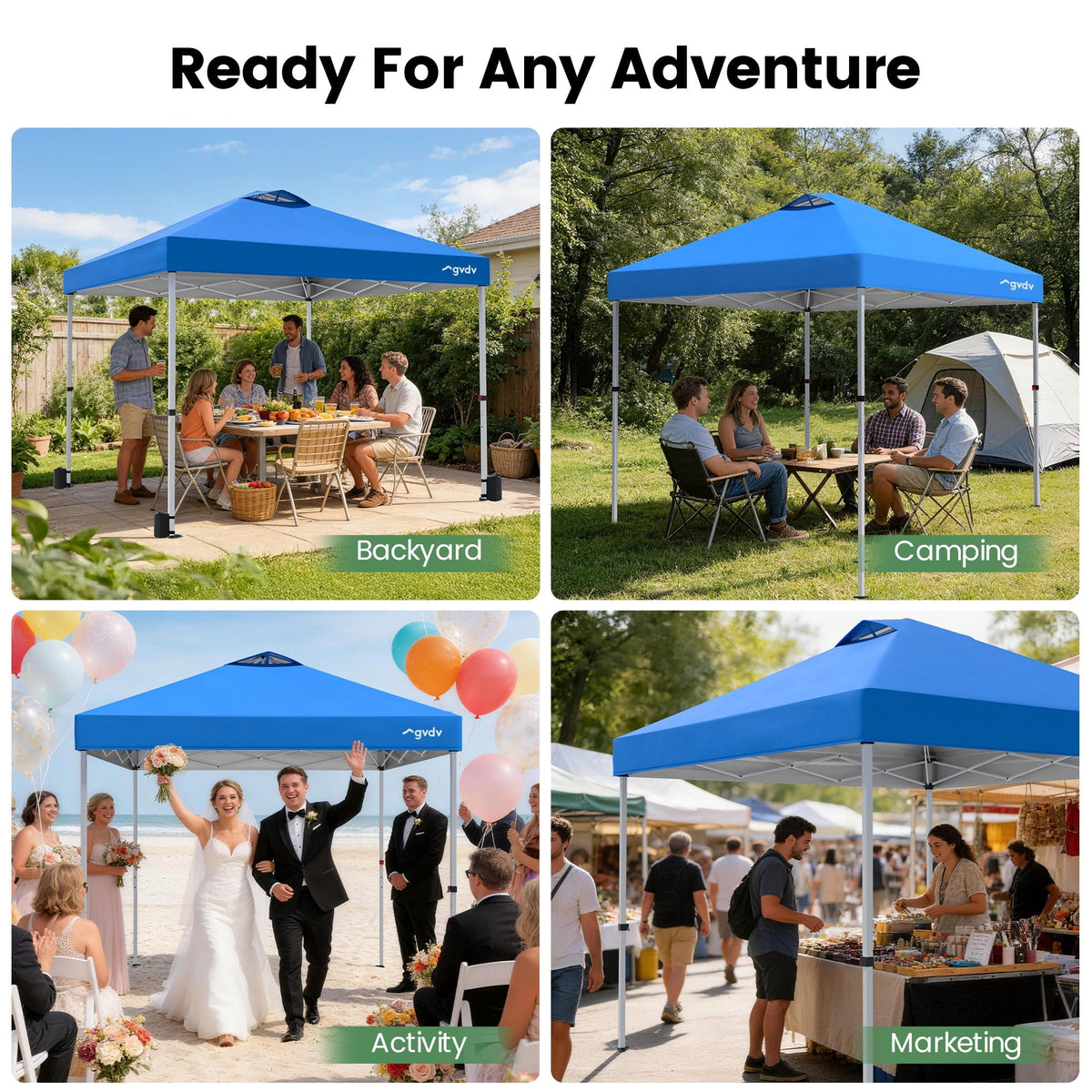 GVDV Canopy Tent, 10x10 Pop up Canopy Outdoor Shade with Wheeled Bag, Easy up Sun Shelter with Vents, Blue