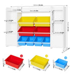 Homfa Kids Toy Storage Organizer Shelf with 8 Cube Storage Bins, White Kids Bookcase, Wood Toy Boxes for Playroom, White/ Primary