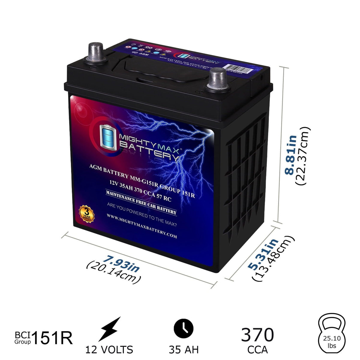MM-G151R Start and Stop Car BCI Group Size 151R 12V 35Ah, 57RC, 370 CCA Rechargeable AGM Car Battery