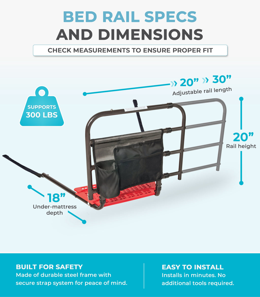 Stander Wonder EZ Adjust Bed Rail, Non-Pivoting Adjustable Bed Rail for Seniors and Safety Railing with Organizer Pouch, ASTM Safety Approved, Black