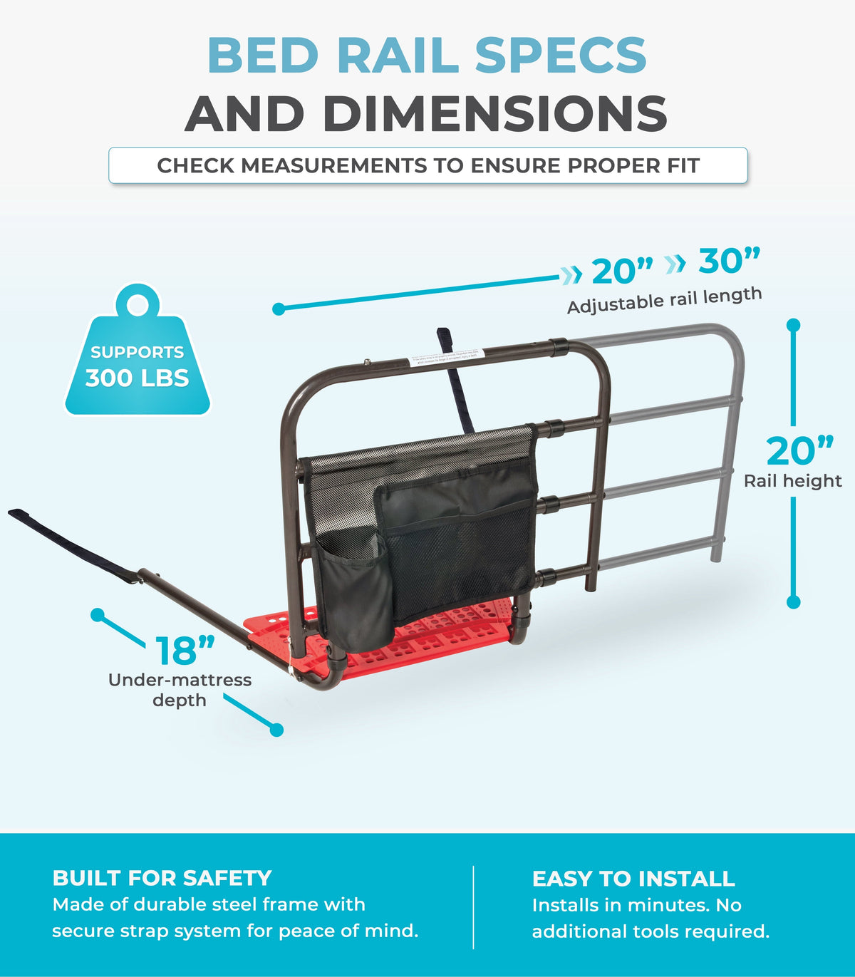 Stander Wonder EZ Adjust Bed Rail, Non-Pivoting Adjustable Bed Rail for Seniors and Safety Railing with Organizer Pouch, ASTM Safety Approved, Black
