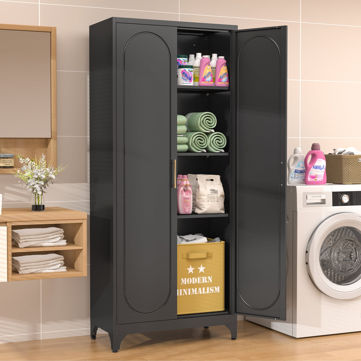 Polup Modern Tall Metal Kitchen Storage Pantry Cabinet, 75" H, Adjustable Shelves, Doors, Black
