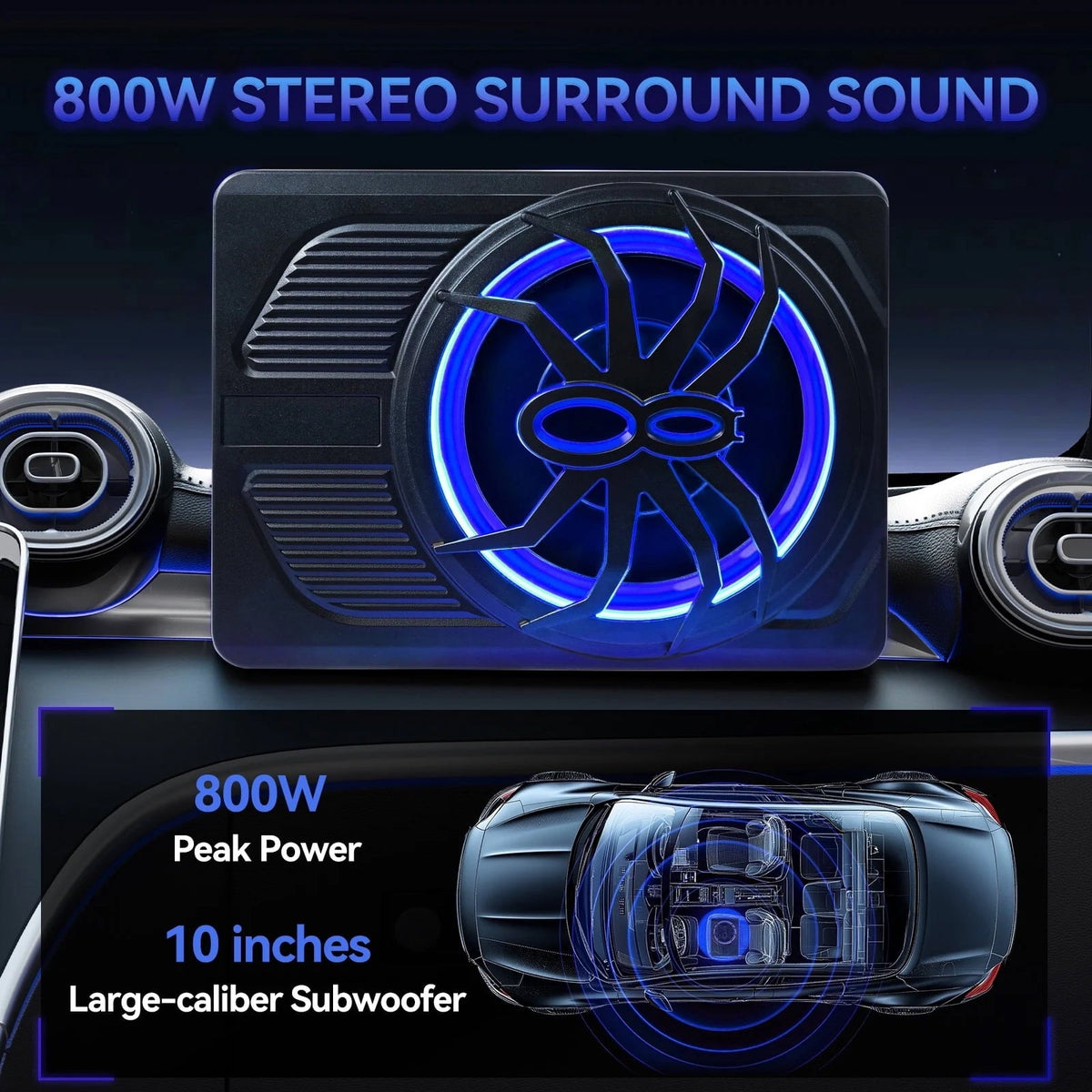 1200W Car Subwoofer with APP Control and Colour Light, 10'' 12V Slim Under Seat Powered Car Subwoofer w/Built-in Amplifier & Hi/Lo Input Bass Speaker