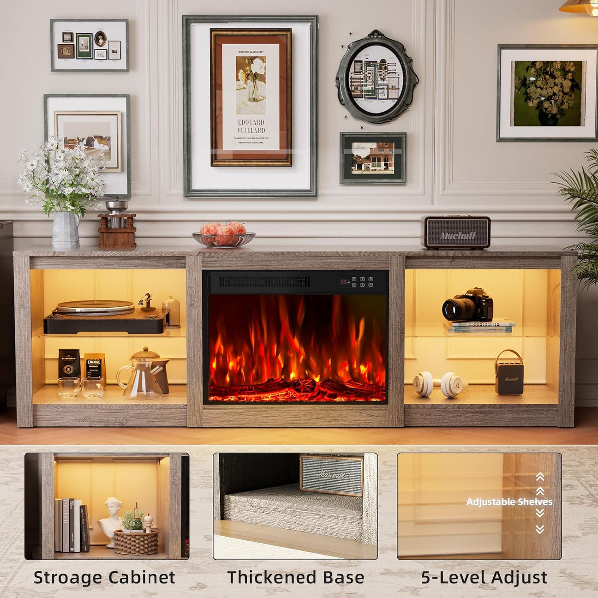 70 Inch Fireplace TV Stand For TVs Up To 80 Inches With 23 Inch Electric Fireplace Insert - Gray