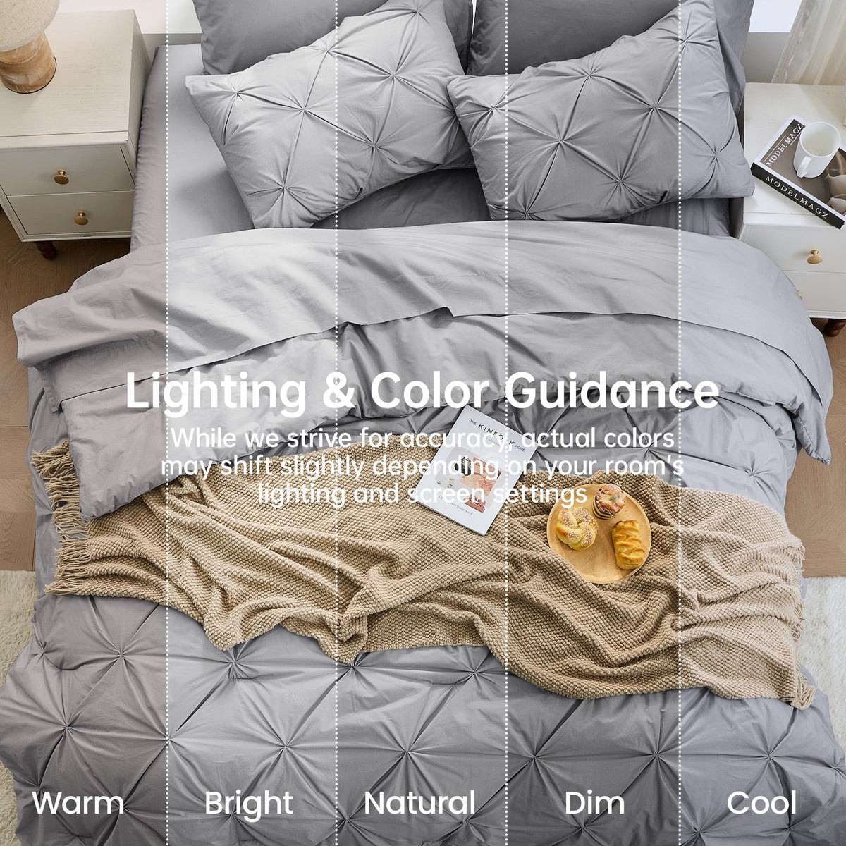Sasttie Queen Size Comforter Set, 7-Piece Bed in a Bag, Pintuck Bedding Sets for All Season, Light Grey