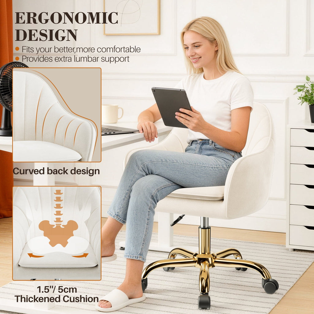 COOLHUT Office Desk Chair with Padded, Velvet Vanity Chair with Back and Wheels, Comfy Home Office Chiar with Gold Legs, Height Adjustable, Rolling