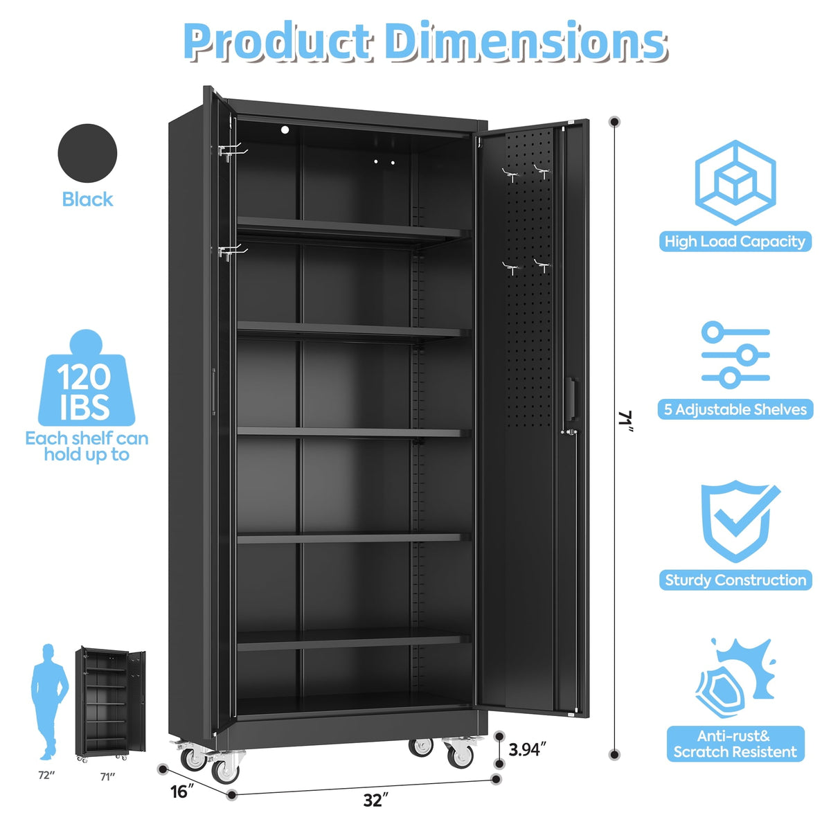 HUAXRON 71 inches Tall Metal Rolling Garage Storage Cabinets with Locking Doors and 5 Adjustable Shelves, Metal Storage Cabinet for Garage, Office