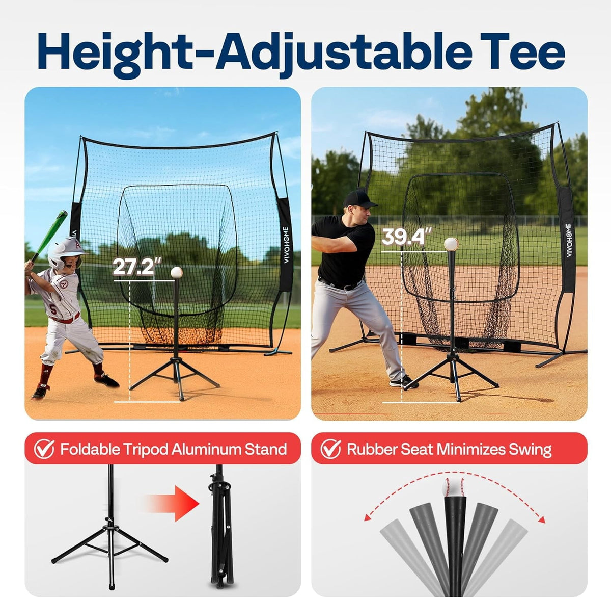SPECSTAR 7x7Ft Baseball Softball Practice Net with Batting Tee and Carry Bag for Hitting Pitching, Black