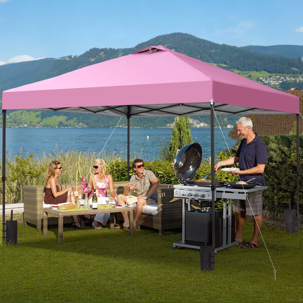 Ainfox 12'x12'Pop Up Canopy Tent Center Lock Windproof UV Shelter Wheeled Bag for Outdoor Events Parties Camping,Pink