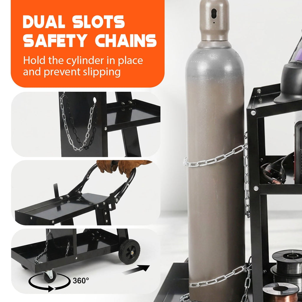Welding Cart, 3-Tier Welder Cart Heavy Duty with 400 Lbs Weight Capacity, 360° Swivel Wheels, Tank Storage Safety Chains, Rolling MIG Welder Cart for