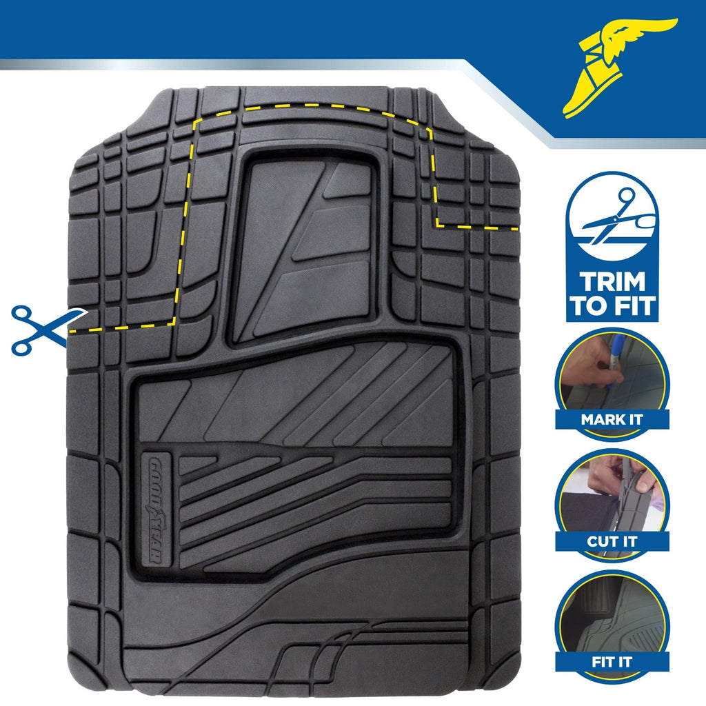 Goodyear 5-Piece Deep Dish All-Weather Rubber Floor Mats – Heavy Duty Waterproof Universal Trim-to-Fit Car, SUV & Truck Floor Liners – Black