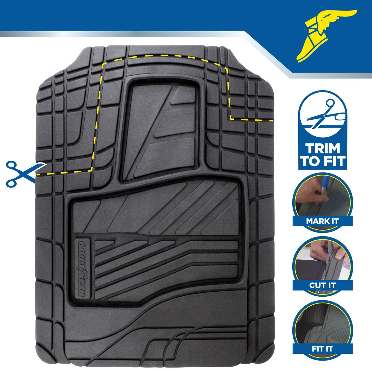 Goodyear 5-Piece Deep Dish All-Weather Rubber Floor Mats – Heavy Duty Waterproof Universal Trim-to-Fit Car, SUV & Truck Floor Liners – Black