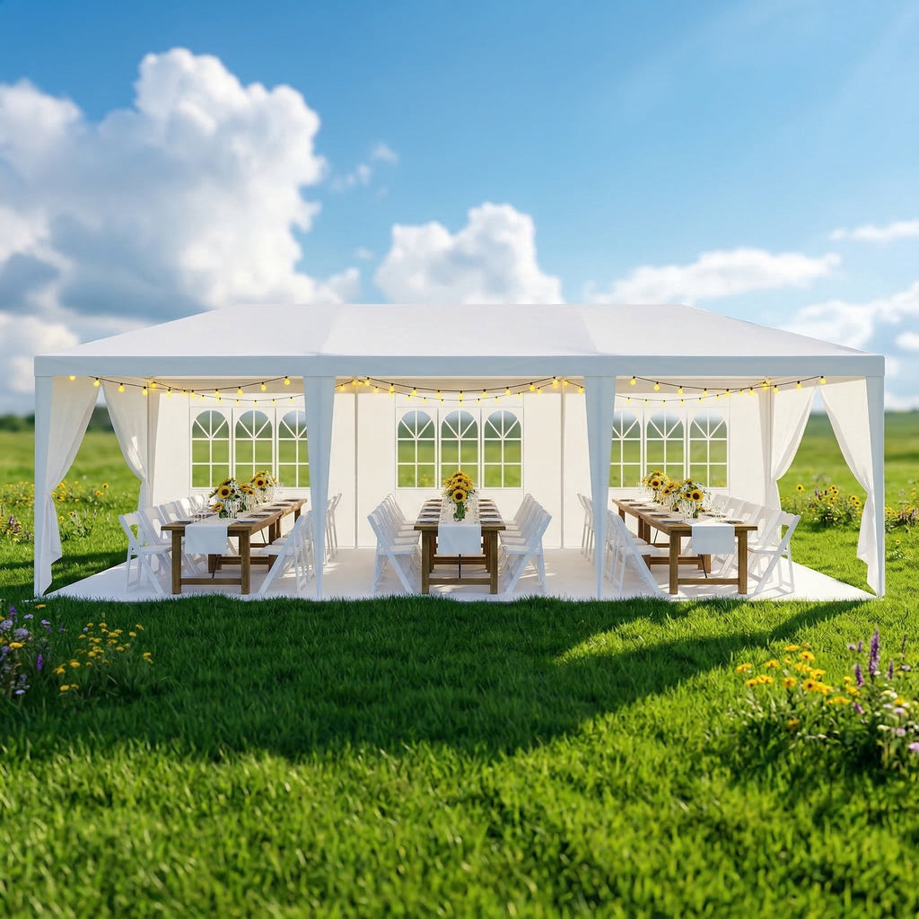 COBIZI 10x30FT Party Tent with 8 Removable Sidewalls, Waterproof & UPF 50+ Outdoor Canopy for Weddings, BBQ, Trade Shows & Events, White