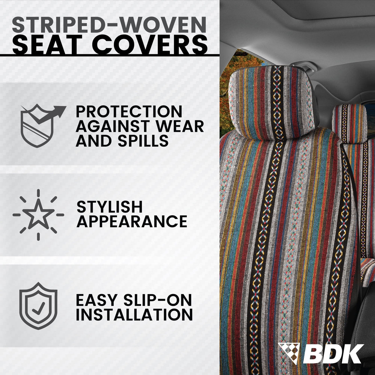 BDK Saddle Blanket Car Seat Covers Front and Rear Set, Woven, Baja Inca, 9-Piece