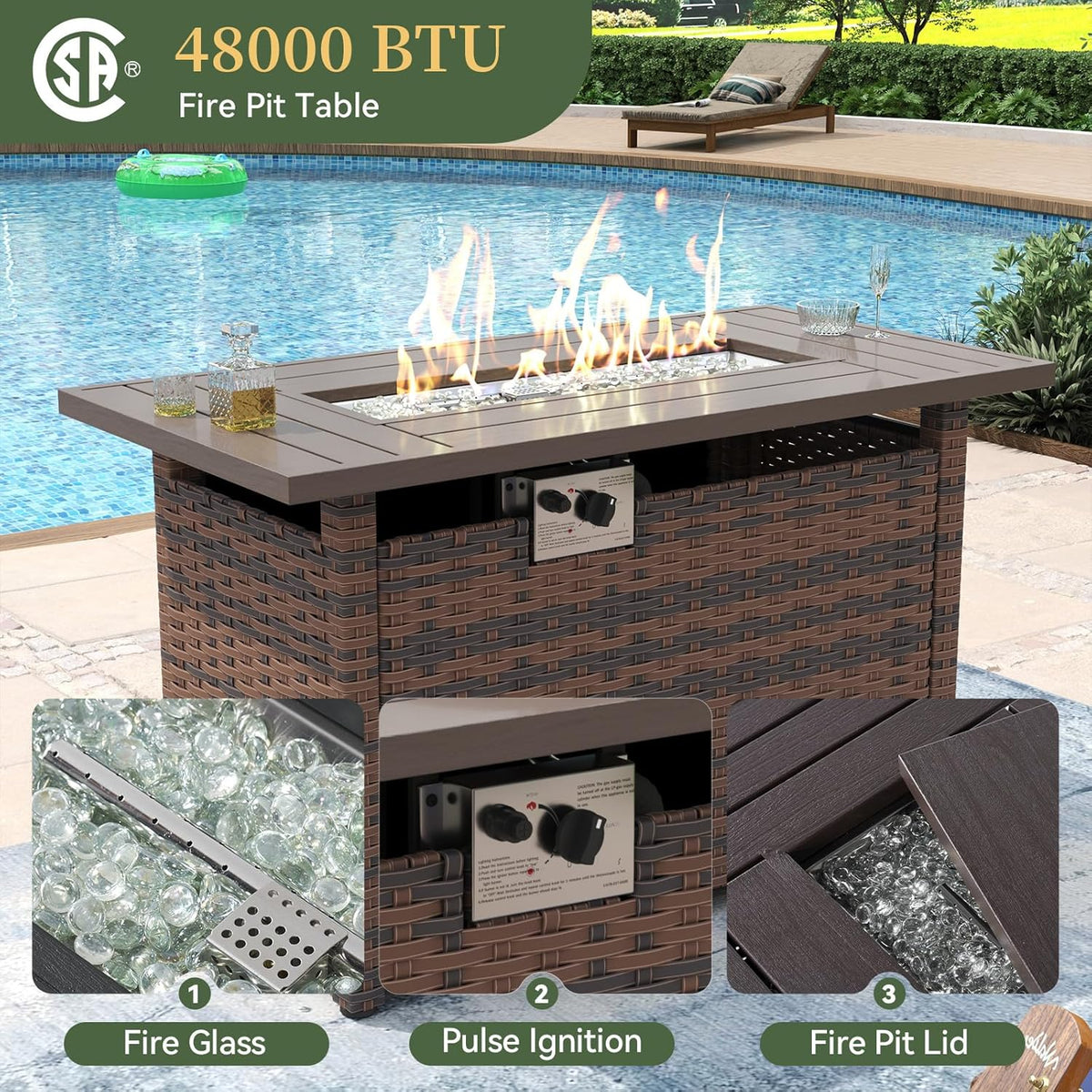 Aoxun 8 Piece Patio Sectional Sofa Set With 44in Fire Pit Table, Coffee Table And Beige Cushions