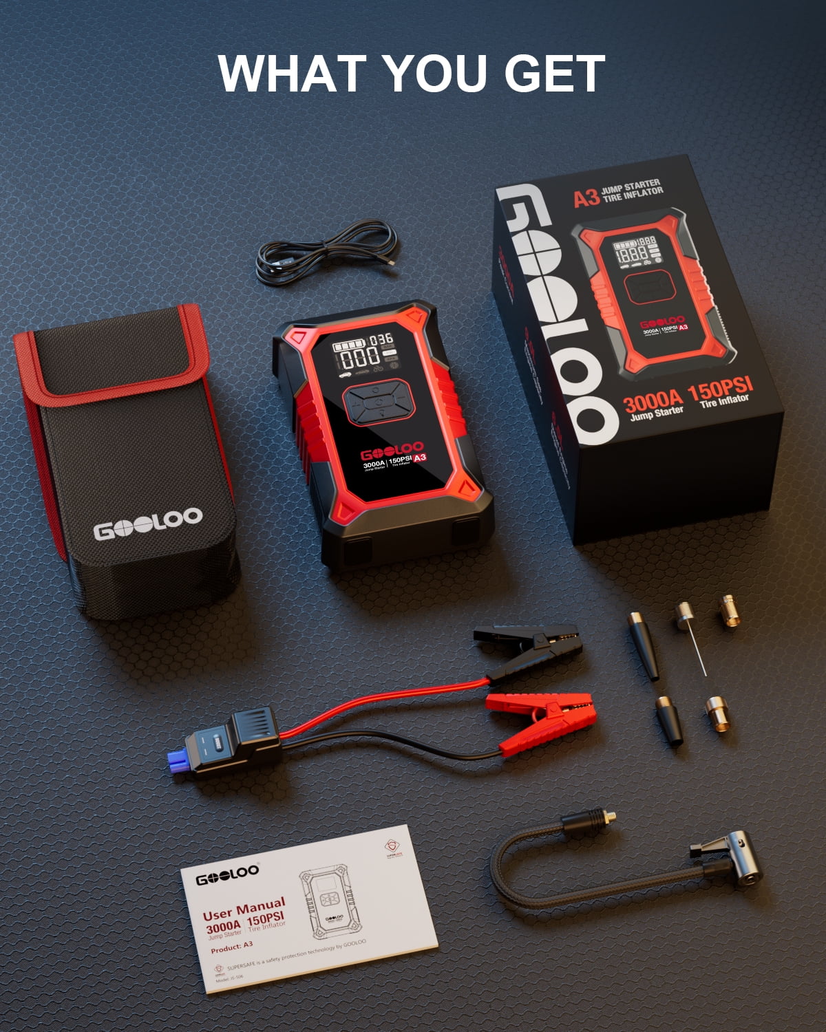 Gooloo Jump Starter with Air Compressor, 3000A Portable Car Battery Jump Starter (9.0L Gas/6.5L Diesel) with 150PSI Digital Tire Inflator, 12V Car