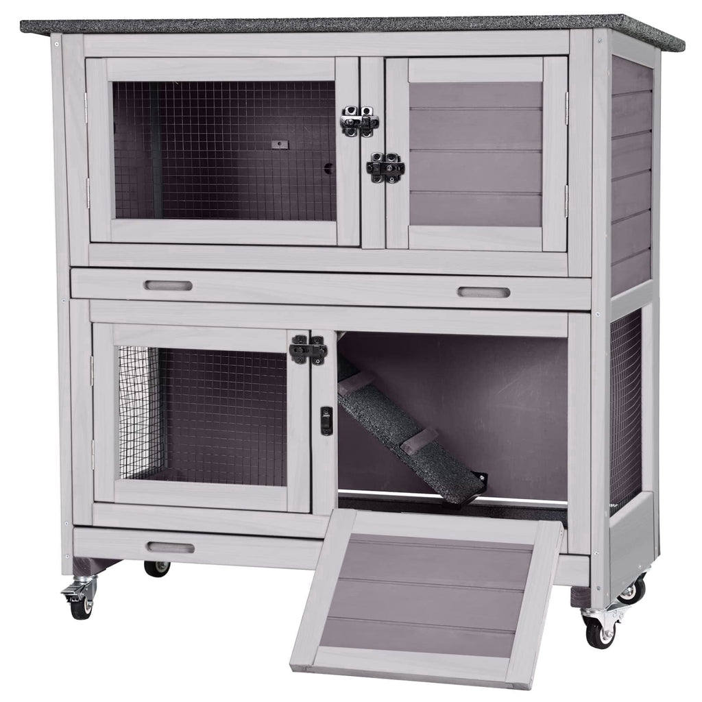 Aivituvin Rabbit Hutch Bunny Cage Outdoors & Indoors with Wheel, Two Layer Guinea Pig House