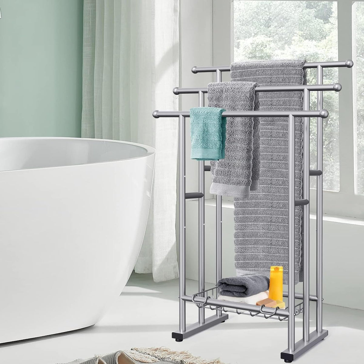 Kayfia 40" Tall Freestanding Towel Racks for Bathroom, 3 Tier Floor Towel Rack with Storage Basket Silver