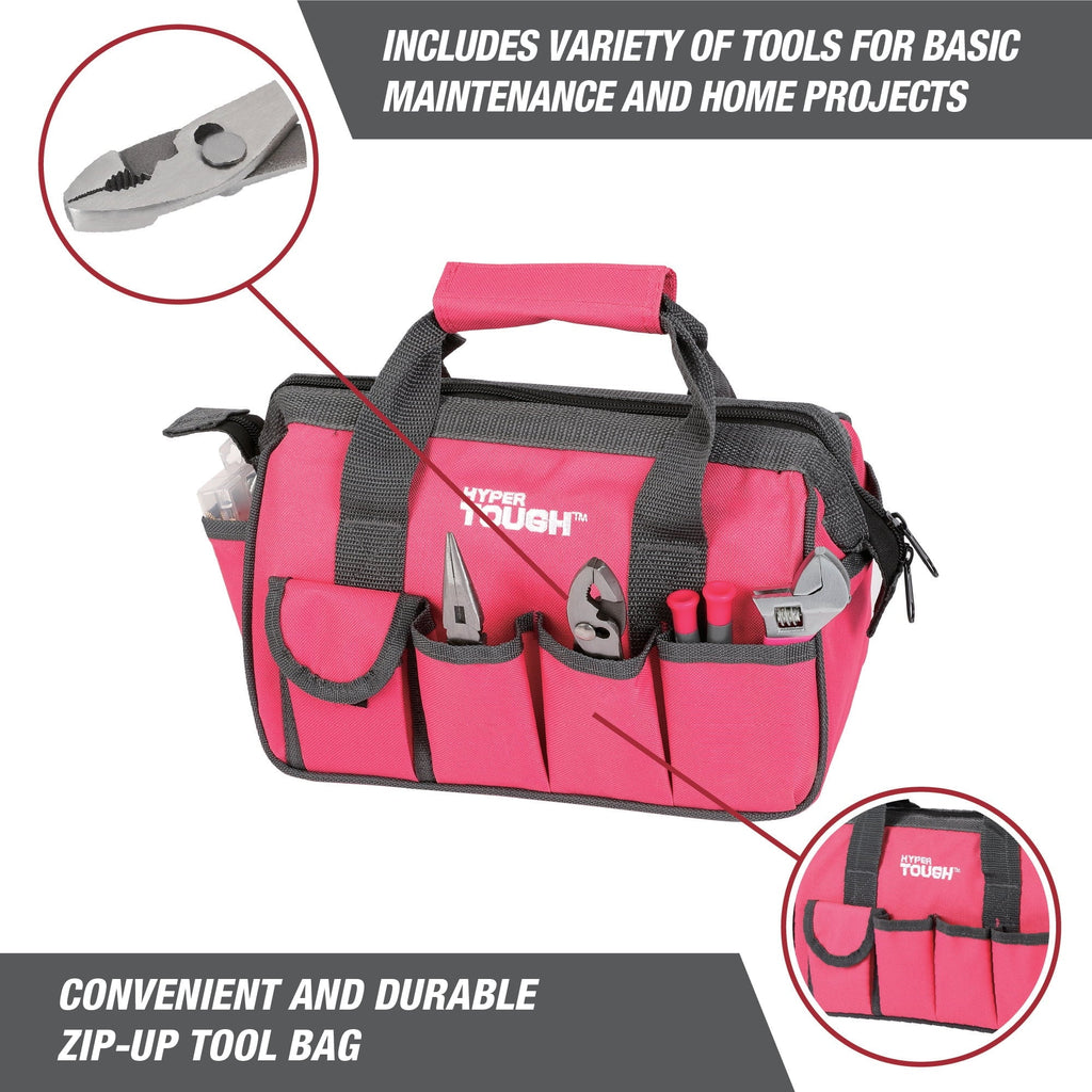 Hyper Tough 89-Piece Household Tool Set with 12-Pocket Zip-Up Tool Bag, Pink