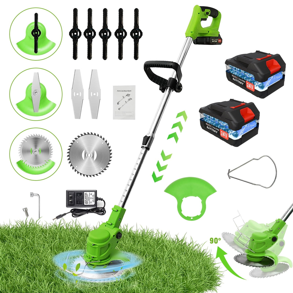 24V 650W Lawn Mover Electric Grass Trimmer Cordless W/2 Batteries, Battery Weed-Eater, Electric Weed Wacker, Lawn Mower Cordless Pruning Cutter Weed