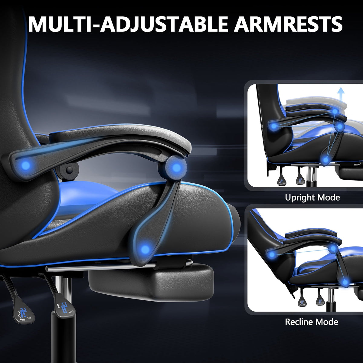Mr IRONSTONE Ergonomic Gaming Chair with Massage Lumbar Support and Footrest, Heavy Duty 400lbs Computer Chair for Adults, Blue/Black