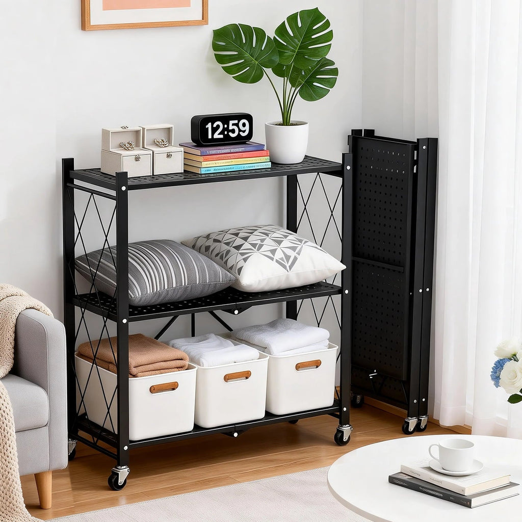 TAIMASI 3-Tier Foldable Metal Shelf with Wheels, Heavy-Duty Movable Wire Rack for Garage, Kitchen, Basement, Pantry Storage, 28''L x 13.4''W x