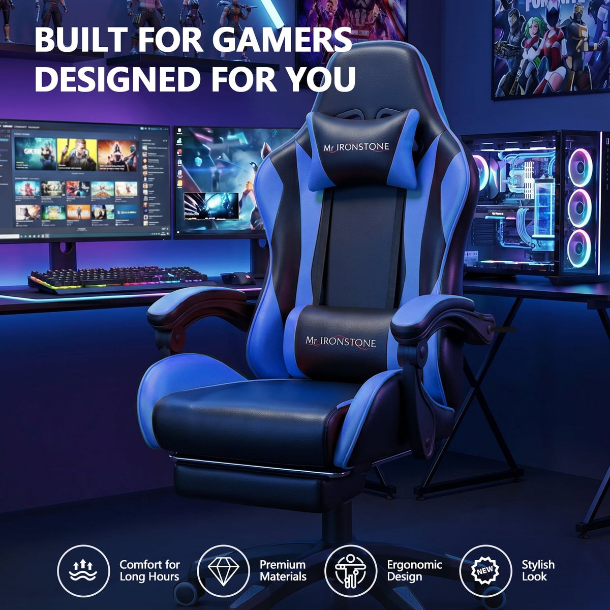 Mr IRONSTONE Ergonomic Gaming Chair with Massage Lumbar Support and Footrest, Heavy Duty 400lbs Computer Chair for Adults, Blue/Black