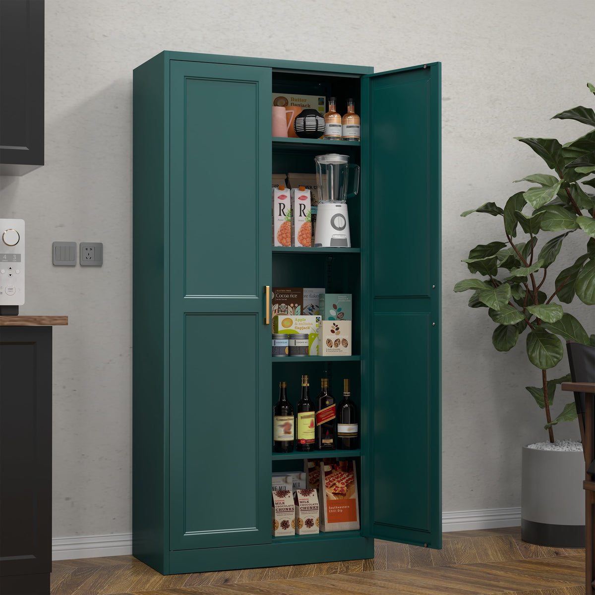 Polup 71" Green Pantry Storage Cabinet with 2 Doors, Tall Metal Kitchen Cabinet with Adjustable Shelves, Freestanding Cupboard for Garage, Laundry