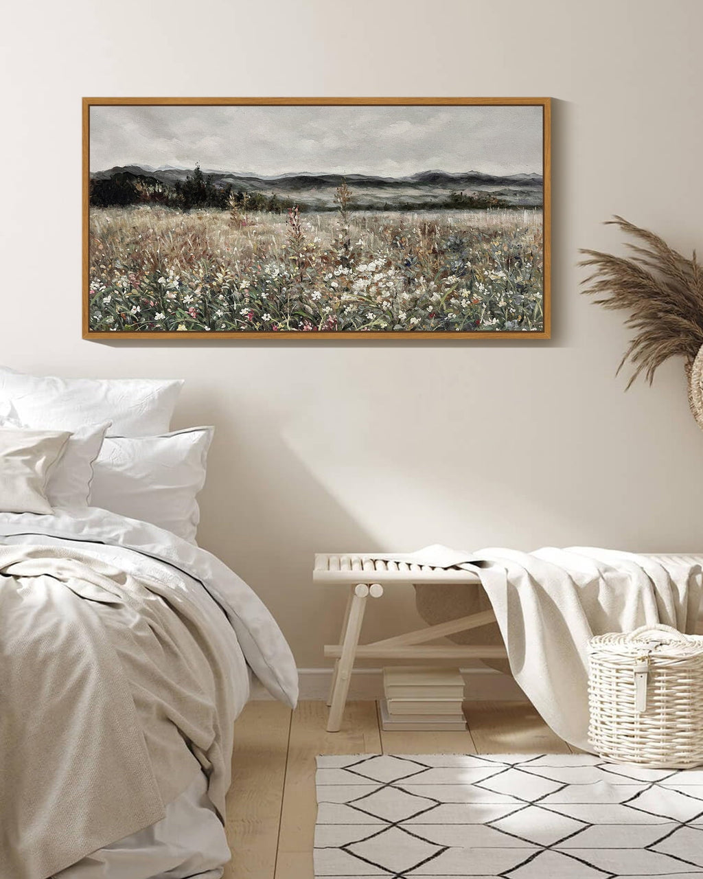 Drsoum 20x40in Natural Framed Vintage Landscape Large Canvas Wall Art Prairie in Full Bloom Classic Wall Prints Modern Farmhouse Dining Rooms Bedroom