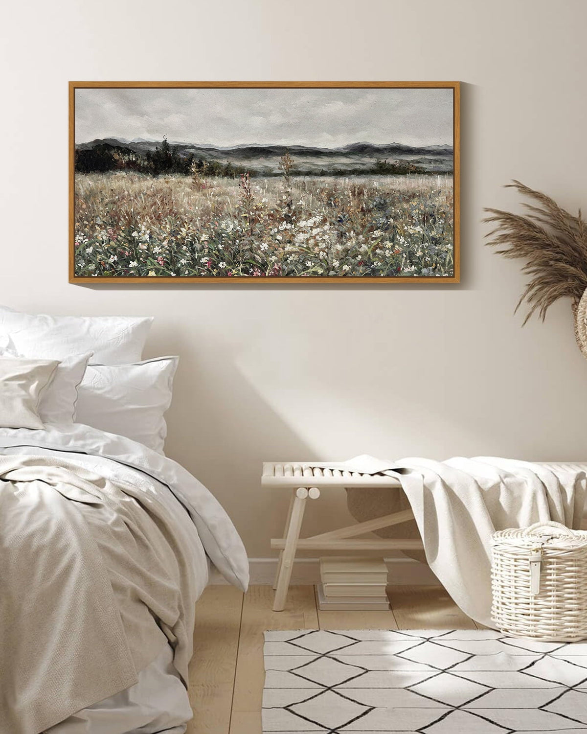 Drsoum 20x40in Natural Framed Vintage Landscape Large Canvas Wall Art Prairie in Full Bloom Classic Wall Prints Modern Farmhouse Dining Rooms Bedroom