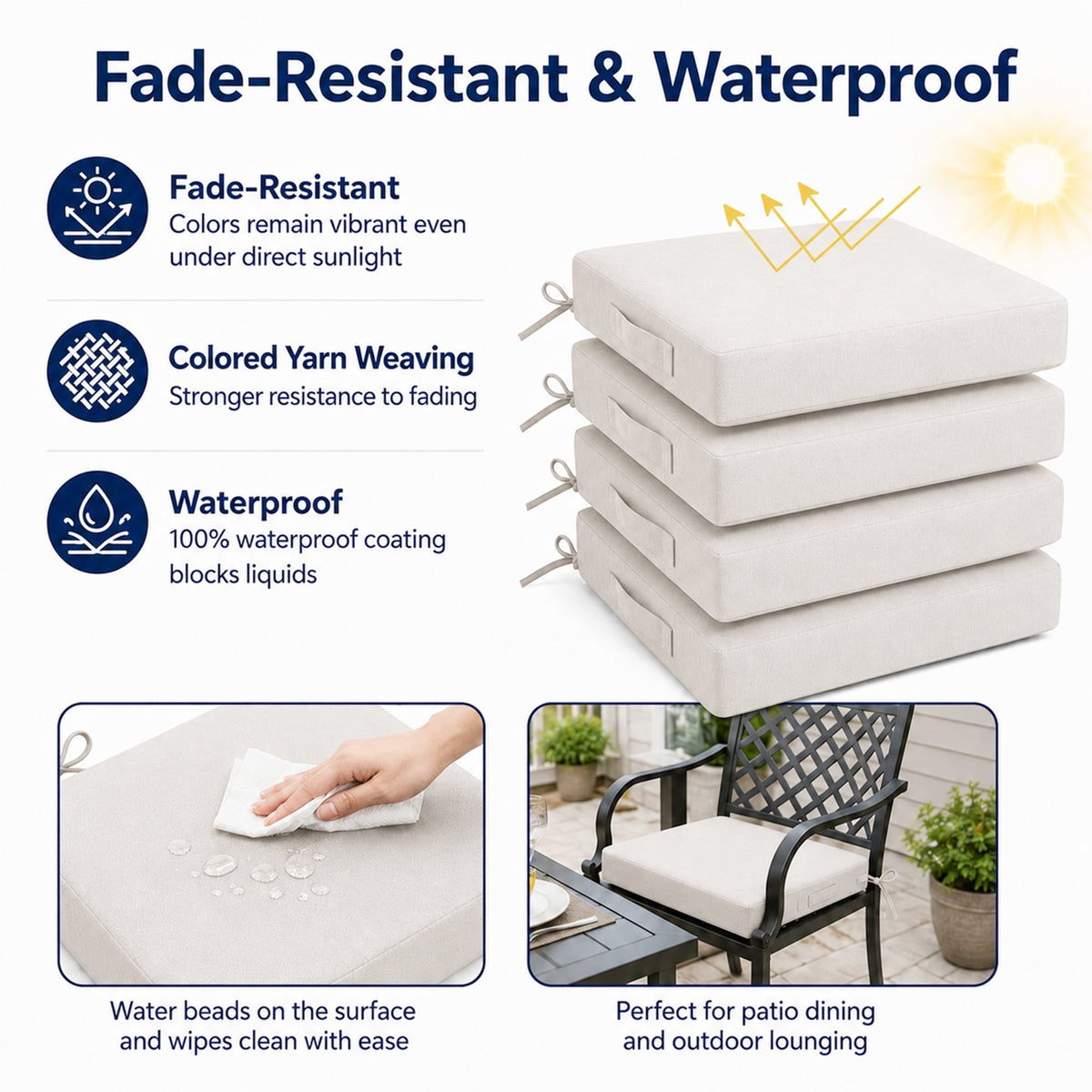 4-Pack Outdoor Chair Cushions 19x19x3 Inch,Waterproof Patio Seat Cushions with Ties,Fade Resistant for Garden, Porch, Deck(Begie)