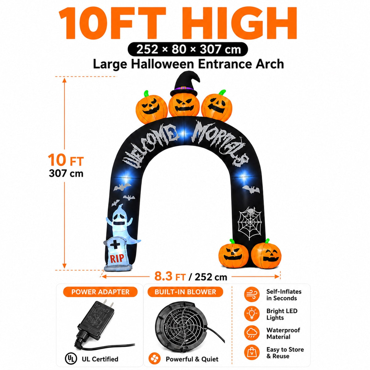 BEEPRINCESS 10FT Halloween Inflatable Arch for Outdoor Decor, LED Lighted Scary Archway with Ghost & Pumpkin, Blow Up Yard Decoration for Haunted
