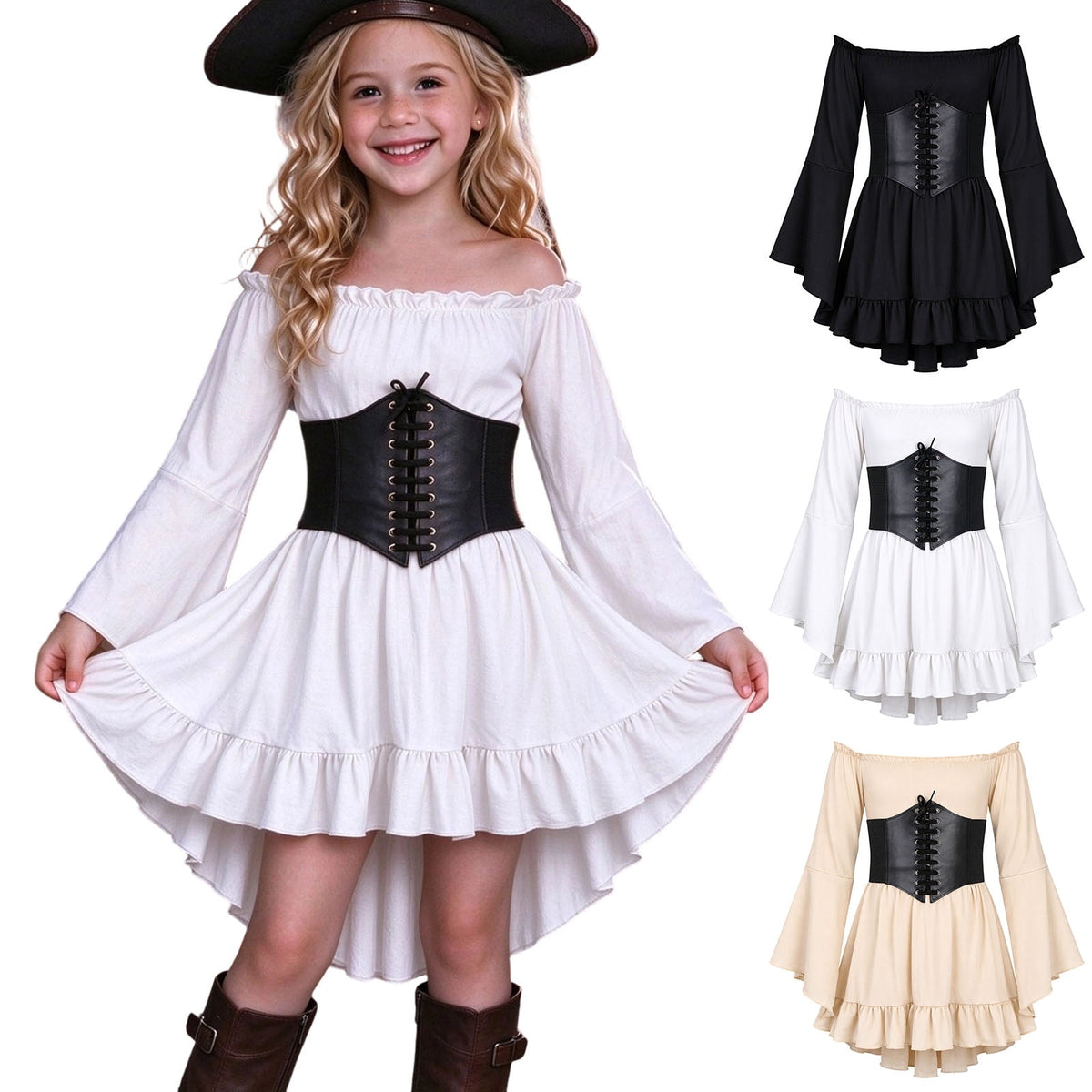 Kids Off the Shoulder Pirate Dresses with Sash Two Piece Set Pirate Costume Halloween Cosplay Halloween Costume Kids Size 4-14 Years