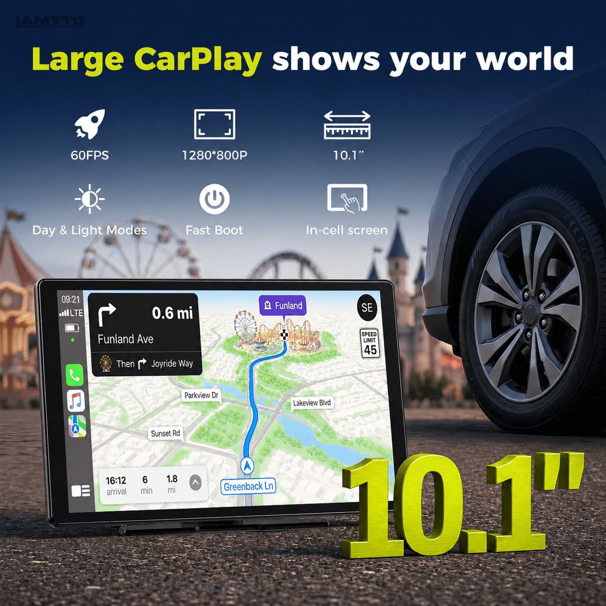 LAMTTO 10.1" Portable Wireless CarPlay Screen for Old Vehicle with Super Link Mirroring, Apple CarPlay & Android Auto, Bluetooth, FM, AUX, Navigation