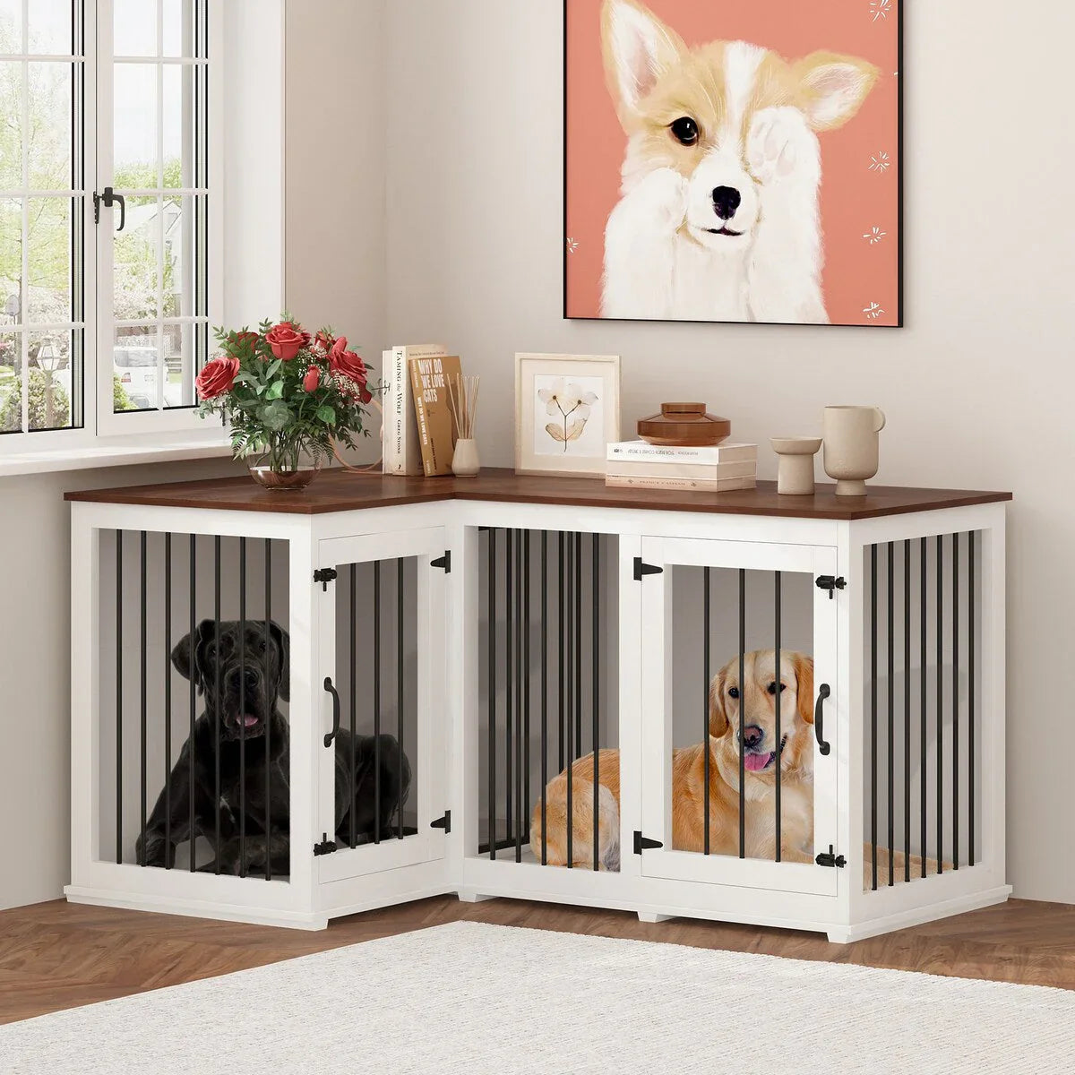 L Shape Corner Dog Crate Furniture For 2 Dogs, 58.7X41.1