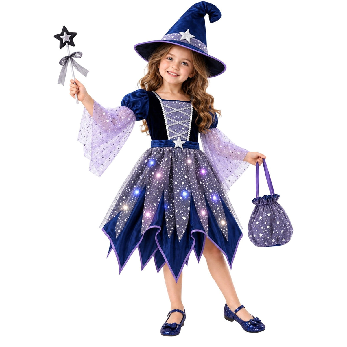 G`irls Purple Themed Dress Set, Kids Halloween Outfit with Witch Hat, Star Wand and Candy Pouch for Party Dress Up
