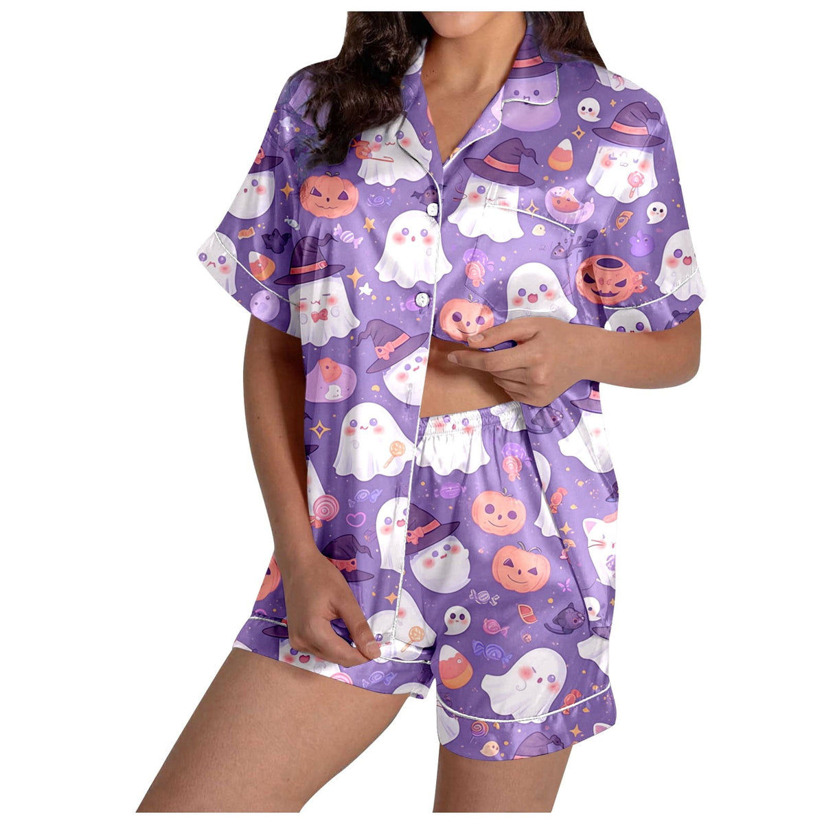MEZZALL Women Halloween Printed Pajama With Lapel Collar Short Sleeve Tops And Shorts For Home Wear Cozy For Lightweight And Breathable Comfort Relaxed Fit 2 Piece Pjs