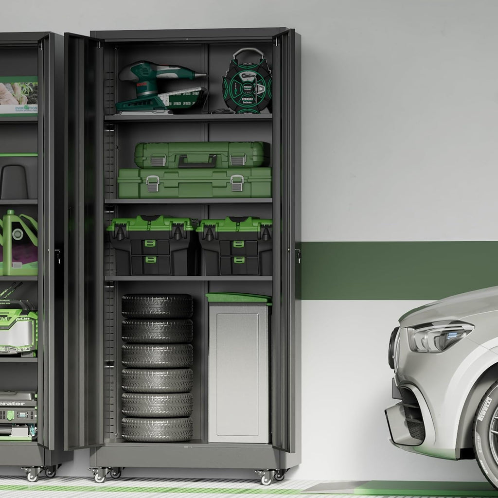 SOLAURA 73 in Metal Storage Cabinet with Wheels, Garage Rolling Cabinet with Locking Doors and 4 Adjustable Shelves, Lockable Tool Storage Cabinets