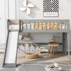 Gray Full Size Low Loft Bed With Ladder And Slide