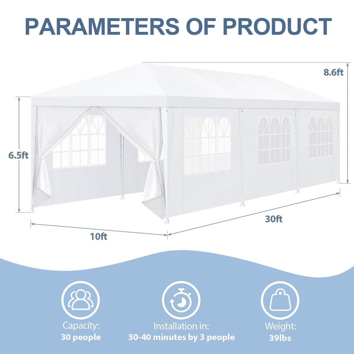 COBIZI 10x30FT Party Tent with 8 Removable Sidewalls, Waterproof & UPF 50+ Outdoor Canopy for Weddings, BBQ, Trade Shows & Events, White