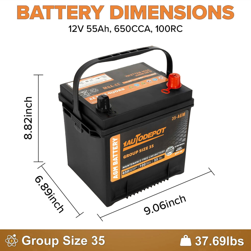 1AUTODEPOT Car Start Stop Battery Group Size 35 650CCA AGM Maintenance Free 12V 55Ah 100RC Rechargeable High Performance Battery