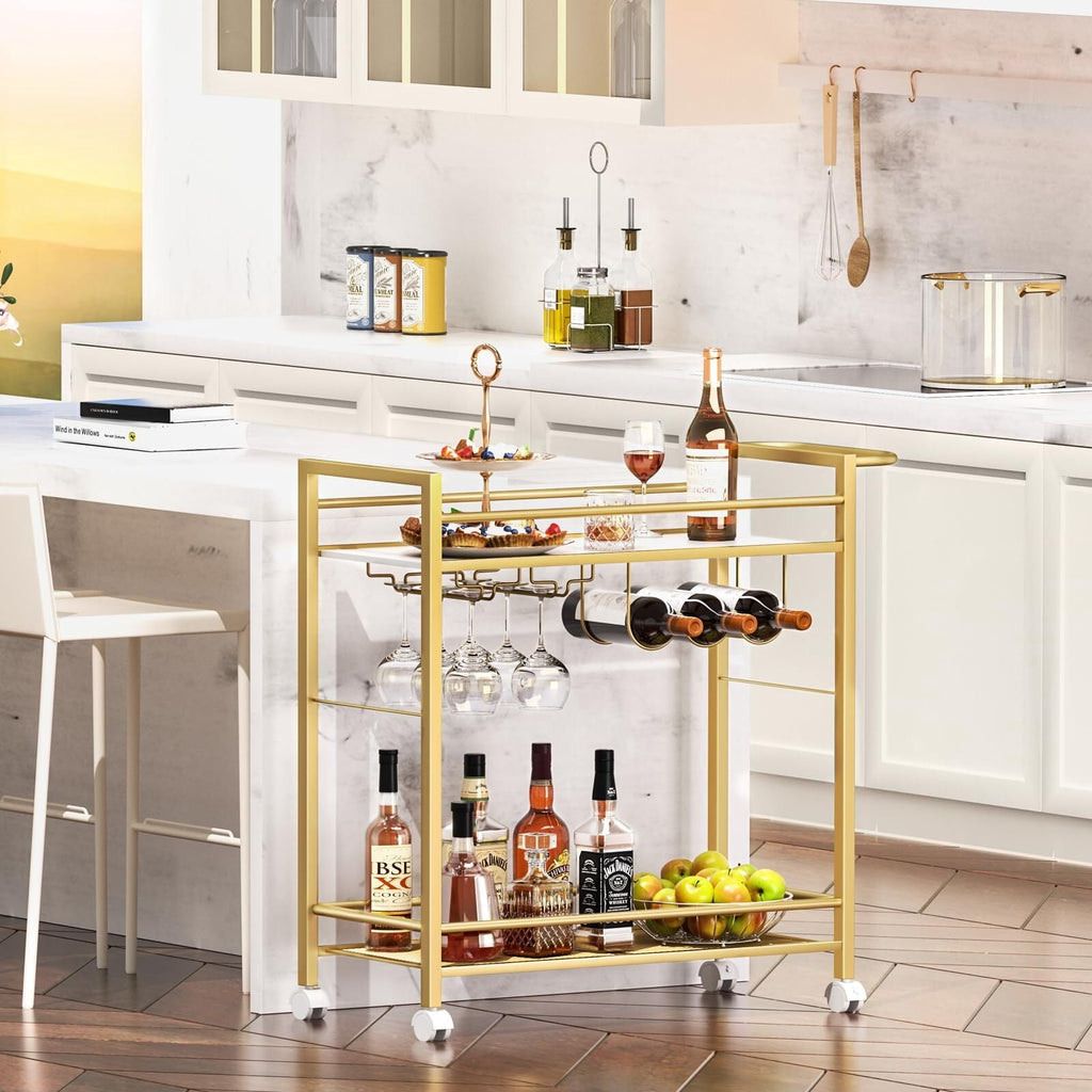 Buildhom 2-Tier Bar Cart with Wheels, Rolling Serving Cart with Wine Rack & Glass Holder for Kitchen, Living Room, Dining Room, Gold